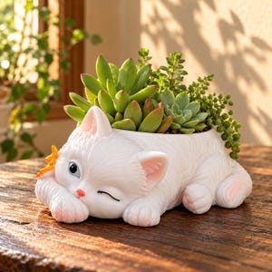 May include: A white ceramic cat-shaped planter featuring a winking expression, a small orange bow on the side, and a pink nose. The cat is lying down with its paws tucked under its head, and the hollow back contains a variety of green succulents.