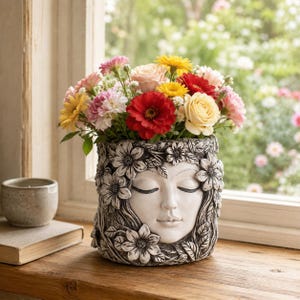 Könnte beinhalten: Ein grauer Pflanztopf in Steinoptik, geformt wie ein menschliches Gesicht mit geschlossenen Augen, verziert mit skulpturalen Blumen- und Blattreliefs. Der Topf ist mit einem bunten Strauß aus roten, gelben, rosa und weißen Blumen gefüllt.
