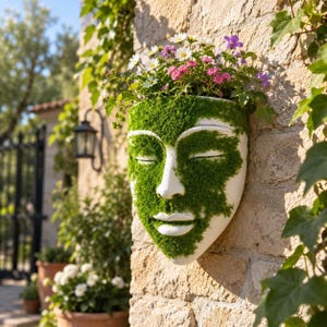 May include: A white wall-mounted planter shaped like a human face with closed eyes and lips, partially covered in green moss. The top of the planter is filled with a variety of small white, pink, and purple flowers, creating a natural display.
