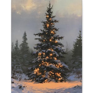 Albero di pino innevato singolo con luci, tela tesa, decorazione minimalista per albero di Natale in stile scandinavo, paesaggio per camera da letto, arte con albero in stile cottagecore