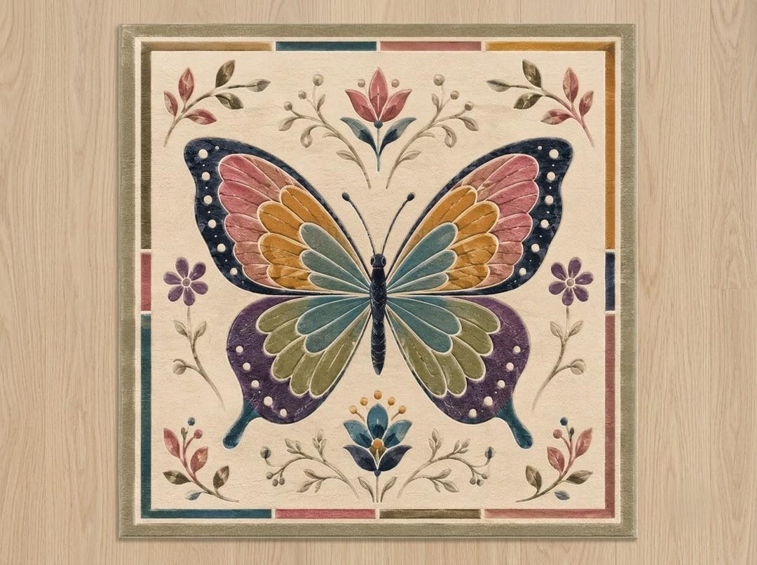 Butterfly Native Rug Vintage Butterfly Botanical Area Rug, Boho Cottage Decor, Nature ...
