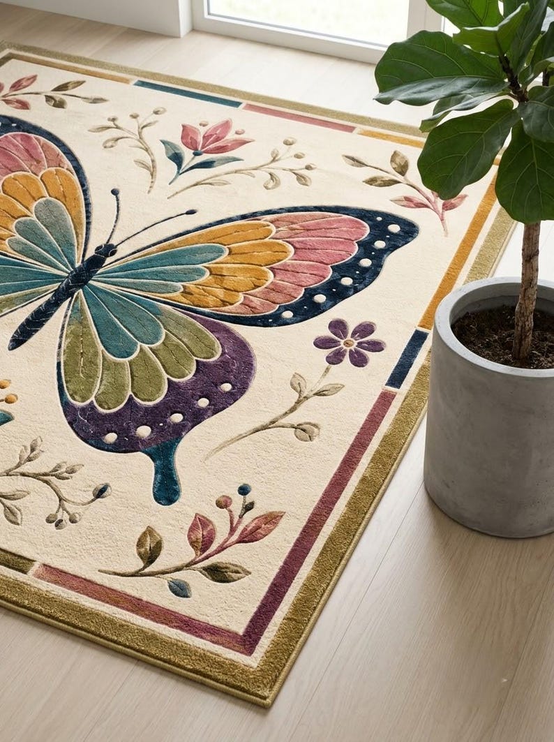 Butterfly Native Rug Vintage Butterfly Botanical Area Rug, Boho Cottage Decor, Nature ...