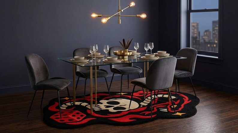 Gothic Snake Skull Tufted Rug, Red Black Floor Art, Dice Game Room ...