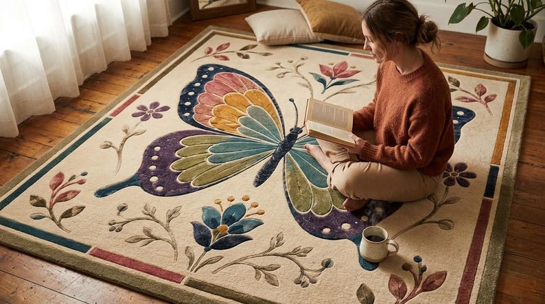 Butterfly Native Rug Vintage Butterfly Botanical Area Rug, Boho Cottage Decor, Nature ...
