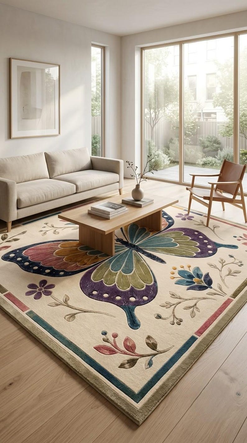 Butterfly Native Rug Vintage Butterfly Botanical Area Rug, Boho Cottage Decor, Nature ...