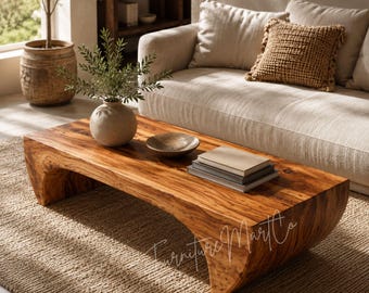 Mesa de centro de madera maciza, base de arco escultural, diseño moderno tipo cascada.