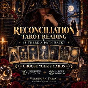 May include: A tarot reading graphic featuring the text RECONCILIATION TAROT READING IS THERE A PATH BACK? CHOOSE YOUR 7 CARDS. Seven tarot cards are displayed in a row, including The Lovers, Two of Cups, The Star, Six of Cups, The Hermit, Wheel of Fortune, and The Sun.