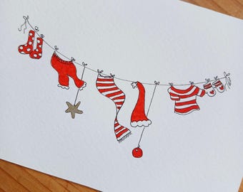 Santa Clothesline Hand Drawn Christmas Card PDF Blank Inside Digital Download Holiday Greeting