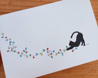 Svart katt som leker julgranskulor, digital nedladdning, vikt A5-kort, PDF