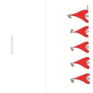 Peut inclure: Une carte de v&oelig;ux blanche pr&eacute;sentant une rang&eacute;e verticale de cinq personnages rouges identiques, chacun portant un chapeau rouge pointu et tenant une petite cloche brune. Le texte www.bazart.es est imprim&eacute; verticalement en noir &agrave; gauche.