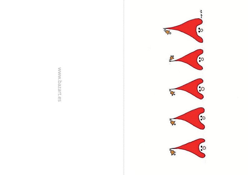 Peut inclure: Une carte de v&oelig;ux blanche pr&eacute;sentant une rang&eacute;e verticale de cinq personnages rouges identiques, chacun portant un chapeau rouge pointu et tenant une petite cloche brune. Le texte www.bazart.es est imprim&eacute; verticalement en noir &agrave; gauche.