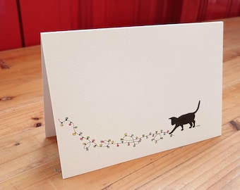 Svart katt Trassel julgransbelysningskort PDF digital nedladdning vikta A5