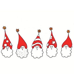May include: A line illustration of five gnomes with white beards and red pointed hats. Each hat is topped with a small brown star. The hats feature different patterns including white polka dots, horizontal stripes, and white stars on a red background.