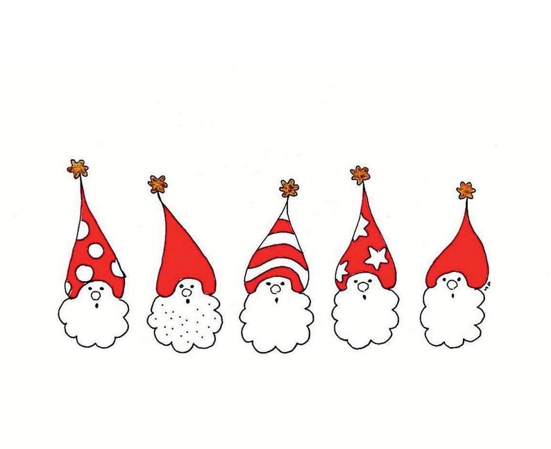 May include: A line illustration of five gnomes with white beards and red pointed hats. Each hat is topped with a small brown star. The hats feature different patterns including white polka dots, horizontal stripes, and white stars on a red background.