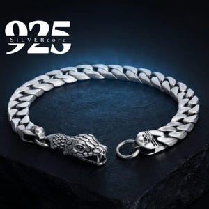 Puede incluir: Una pulsera de cadena de eslabones de plata con una cabeza de serpiente detallada en un extremo y un pequeño dije de calavera cerca del cierre circular. La superficie metálica está pulida con acentos oxidados oscuros. Texto 925 SILVERcore visible.