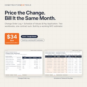 Puede incluir: Conjunto de libros de trabajo digitales ConstructionBidTools para Excel y Google Sheets. Incluye un panel de control de órdenes de cambio y una hoja de valores. El texto incluye: Price the Change. Bill It the Same Month. Built by a working NYC estimator.