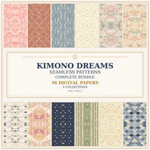 以下が含まれることがあります： KIMONO DREAMS SEAMLESS PATTERNS COMPLETE BUNDLE 36 DIGITAL PAPERS 3 COLLECTIONS VOL.1-VOL.3というタイトルのデジタルコレクション。画像には、花柄、幾何学模様、波模様など、さまざまな色合いの12枚の長方形パネルが表示されています。