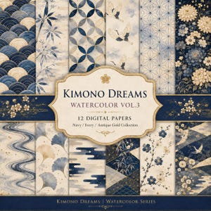 以下が含まれることがあります： 「Kimono Dreams Watercolor Vol.3」と題された12枚のデジタルペーパーコレクション。ネイビー、アイボリー、アンティークゴールドの色調で、鶴、竹、花、幾何学模様が描かれ、中央に装飾的なラベルが配置されたグリッドデザイン。