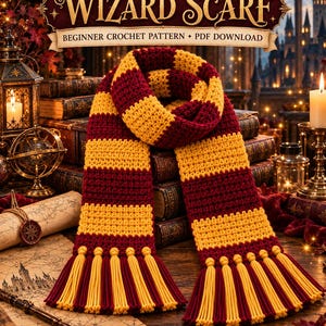 May include: A crochet scarf featuring alternating horizontal stripes of deep maroon and bright yellow yarn. The scarf ends are finished with long, thick tassels in matching maroon and yellow colours. The text WIZARD SCARF BEGINNER CROCHET PATTERN PDF DOWNLOAD is displayed at the top.
