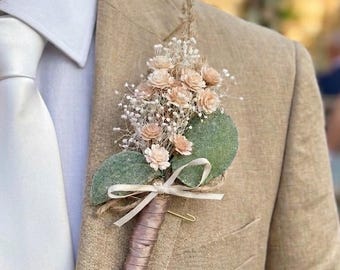 The Rustic Faux Pampas Grass Boutonnière with Natural and Artificial accents and flowers