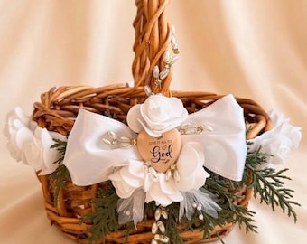 Winter Flower Girl Basket with roses, velvet,  satin,  Pearls, rhinestones, gold, Tulle, greenery, and wooden heart “Give it all to God.”