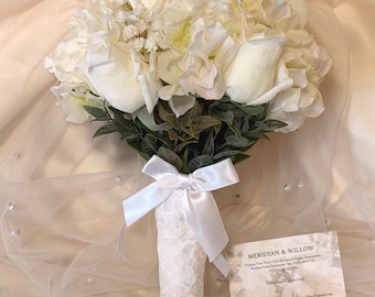 Premium True Touch Rose, Hydrangea, baby breath Bridal Bouquet with satin, lace, & pearls. Price Includes Shipping!
