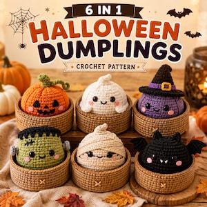 Halloween-dumplings virkmönster, 6-i-1 amigurumi-mönster i PDF-format, söt läskig virkning, Halloween-dekor för nybörjare, direktnedladdning