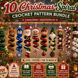 Puede incluir: Un paquete de patrones de ganchillo titulado 10 Christmas Spiral, que presenta diez adornos colgantes que incluyen un árbol, reno, pingüino, Santa Claus, la Sra. Claus, elfo, gnomo, oso, bastón de caramelo y muñeco de nieve, con iconos de PDF.
