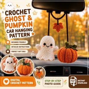 May include: A digital crochet pattern for a ghost and pumpkin car hanging ornament. The image displays a white ghost and an orange pumpkin with green leaves, both crocheted, hanging from a dark brown cord with a small orange leaf accent.