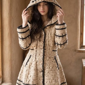 May include: A beige crochet hooded coat featuring a character-inspired face on the hood, black stitched detailing along the sleeves and hem, and a front button closure with large round buttons. The garment has a flared silhouette.