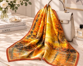 Seidenschal mit Vintage-Kunstmuster, rostorange, personalisierbar mit Initialen, Herbst-Halsschal