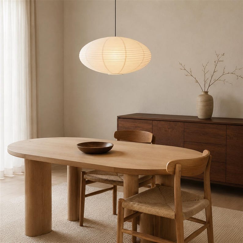 May include: An oval-shaped paper pendant light with horizontal ribbing hangs above an oval wooden dining table. The table features two thick cylindrical legs and is surrounded by wooden chairs with woven seats. A dark wooden bowl sits on the table.