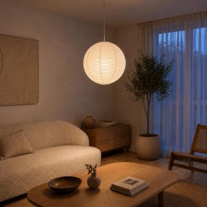 May include: A spherical paper pendant light fixture with a ribbed texture, suspended from the ceiling by a thin cord. The lamp emits a soft, warm glow, illuminating the surrounding space with a diffused light that highlights its round shape.