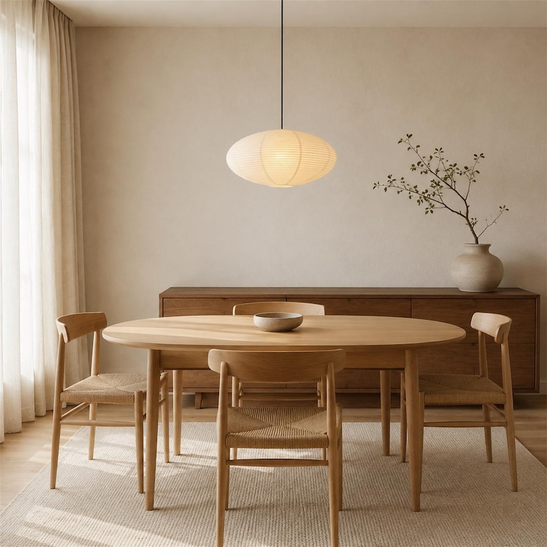 May include: An oval wooden dining table with four matching chairs featuring woven seats, paired with a round, ribbed, off-white pendant light fixture suspended from a thin black cord, creating a cohesive and functional dining room furniture set.