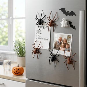 Puede incluir: Una puerta de refrigerador de acero inoxidable decorada con imanes de Halloween, incluyendo cuatro arañas en negro y marrón, dos murciélagos negros y un fantasma blanco. Una lista de compras y una foto familiar se sujetan con los imanes.