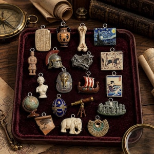 May include: A collection of seventeen diverse charms arranged on a dark red velvet tray. The charms feature historical and artistic motifs including an Egyptian tablet, a Greek vase, a bone, a painting, a helmet, a globe, a ship, and an elephant.