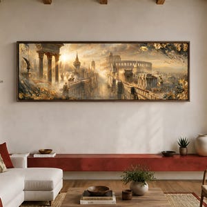Puede incluir: Una pieza de arte mural rectangular panorámica que presenta una ilustración detallada de una antigua ciudad romana al amanecer. La escena incluye columnas clásicas, un gran anfiteatro y rayos de luz dorada que iluminan la arquitectura.