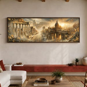 Puede incluir: Una impresión de arte mural panorámica enmarcada que representa un paisaje urbano romano antiguo con columnas clásicas, un gran edificio con cúpula y el Coliseo al fondo. La escena está representada en tonos dorados cálidos con rayos de luz.