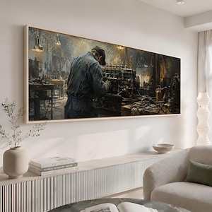 May include: A rectangular wall art print featuring a dark, atmospheric scene of a mechanic in a cap and blue work shirt focused on repairing a large, complex industrial engine inside a dimly lit workshop filled with tools and equipment.