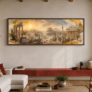 Puede incluir: Una pieza de arte mural rectangular panorámica que presenta una pintura al óleo detallada de la antigua Roma. La escena muestra el Coliseo, columnas clásicas y un cielo de atardecer dorado con tonos amarillos y naranjas, enmarcada en un borde marrón.