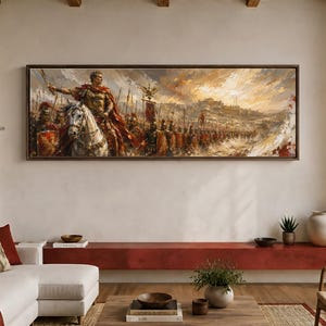 May include: A panoramic framed wall art print depicting a Roman general on a white horse leading an army of soldiers in red and gold armour across a battlefield towards a distant fortress under a dramatic, cloudy, golden-toned sky.