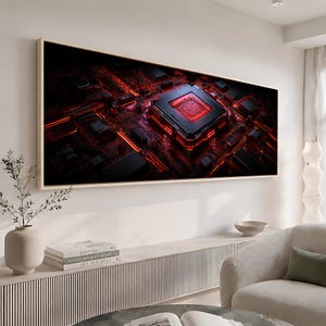 Canvasprint met rode microprocessor, futuristische computerchip muurdecoratie, wanddecoratie voor IT-kantoor