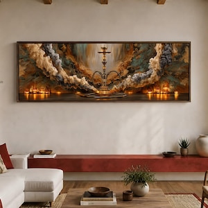 May include: A panoramic wall art print featuring a central hookah surrounded by swirling plumes of beige and grey smoke against a dark, textured background. The scene is illuminated by small, warm glowing lights at the base, creating a moody atmosphere.
