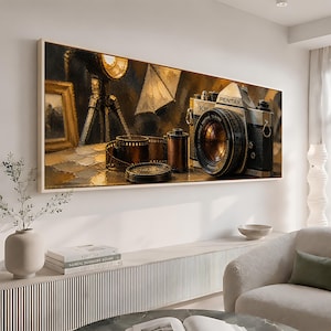May include: A rectangular wall art print featuring a still life painting of a vintage Pentax camera, a film roll, and a film canister. The scene is rendered in warm, dark tones with visible brushstrokes, depicting a photography studio setting.