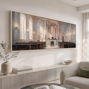 May include: A large rectangular wall art print featuring a detailed painting of a courtroom interior. The scene depicts rows of dark wooden benches, tall windows with soft light, a judge's bench, and a scale of justice emblem on the back wall.