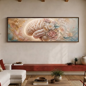 Könnte beinhalten: Ein horizontales, rechteckiges Wandbild mit einer zentralen Illustration eines menschlichen Gehirns, das mit zartfarbenen Blumenarrangements kombiniert ist. Das Kunstwerk zeigt eine Palette aus Creme-, Blassrosa- und gedämpften Blautönen.
