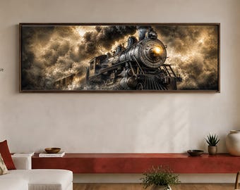 May include: A panoramic framed wall art piece depicting a vintage steam locomotive emerging from thick, dark clouds. The train features a prominent front headlight glowing with a warm yellow light, metallic textures, and intricate mechanical details.