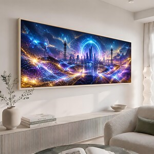 Op de afbeelding: Een rechthoekige wandkunstprint met een futuristisch stadsgezicht bij nacht, voorzien van gloeiende blauwe en gouden energiegolven, hoge communicatietorens en een cirkelvormig lichtportaal boven de skyline, ingelijst in een dunne houten lijst.