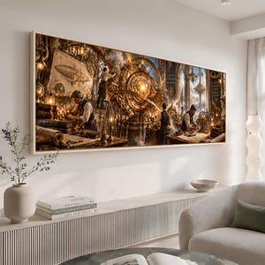 Puede incluir: Un lienzo panorámico de pared que muestra una escena detallada de personas trabajando en un taller lleno de instrumentos mecánicos complejos, grandes esferas armilares doradas, pergaminos y planos, en tonos cálidos sepia y dorados.