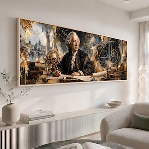 Op de afbeelding: Een panoramische kunstdruk met het portret van een 18e-eeuwse geleerde die aan een bureau schrijft met een globe, gestapelde boeken en architecturale schetsen. De compositie bevat gouden accenten, een stadsgezicht en wiskundige diagrammen.